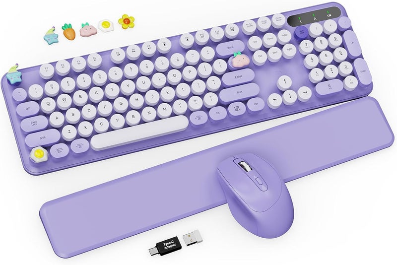 Trueque Wireless Keyboard and Mouse Combo - Cute Typewriter Keyboard with Detachable Wrist Rest, Retro Round Keycaps, Foldable Legs, 2.4GHz Full-Size Keyboard for PC, Laptop, Mac, Windows - (Purple) - Image 1